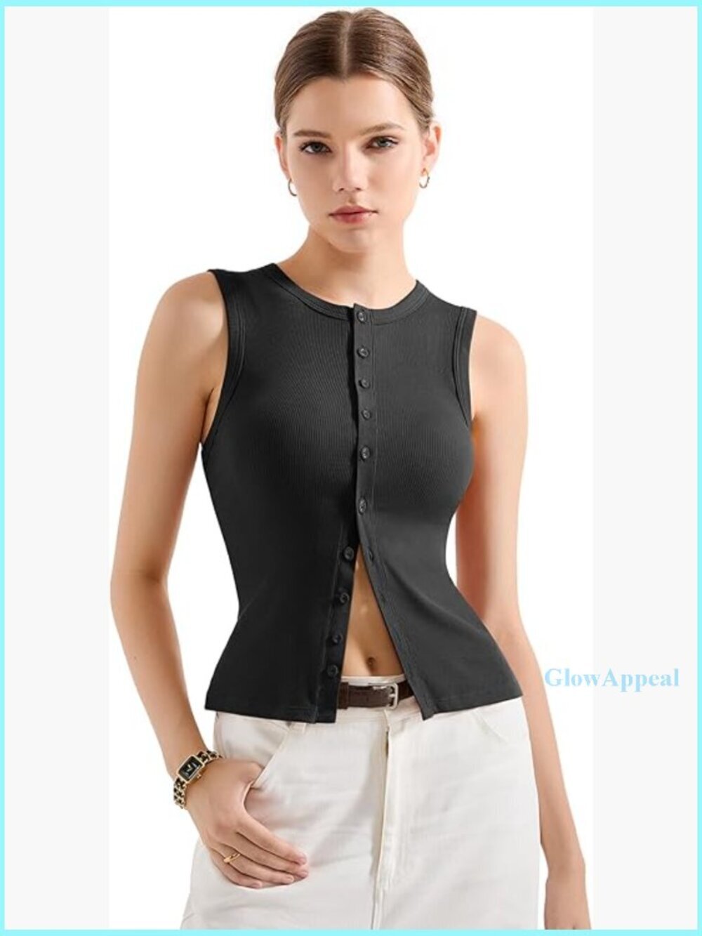Sleeveless Button Down Ribbed Tank Top, Modal Blend, Y2K Fitted Style